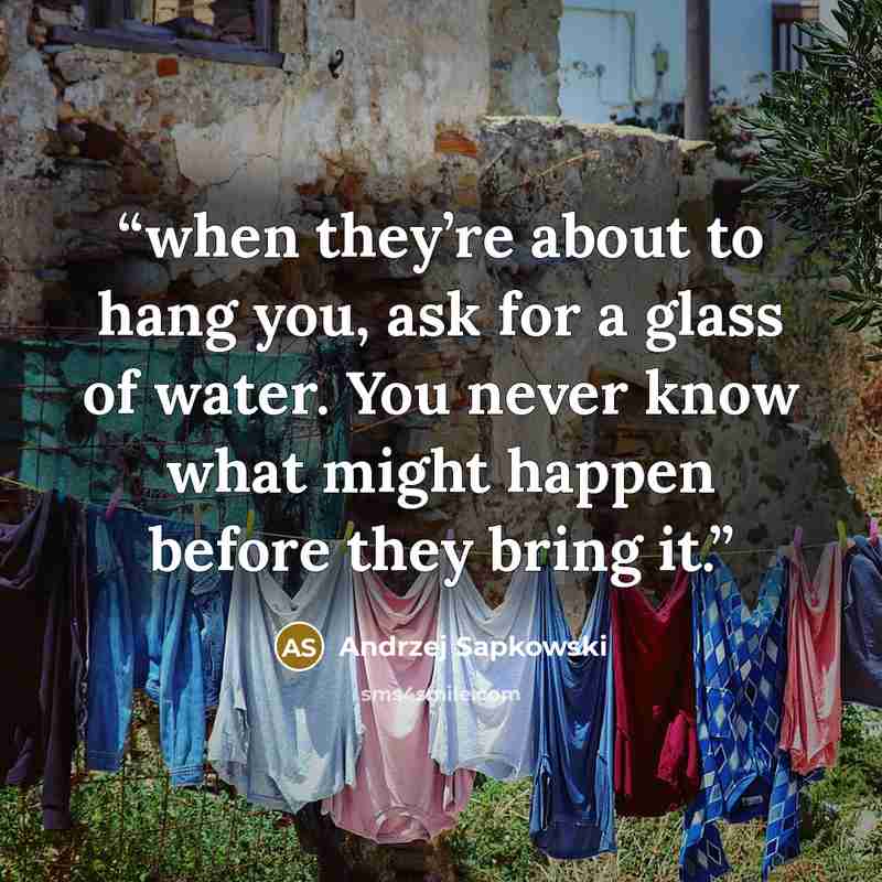 “when they’re about to hang you, ask for a glass of water. You never know what might happen before they bring it.” quote by Andrzej Sapkowski