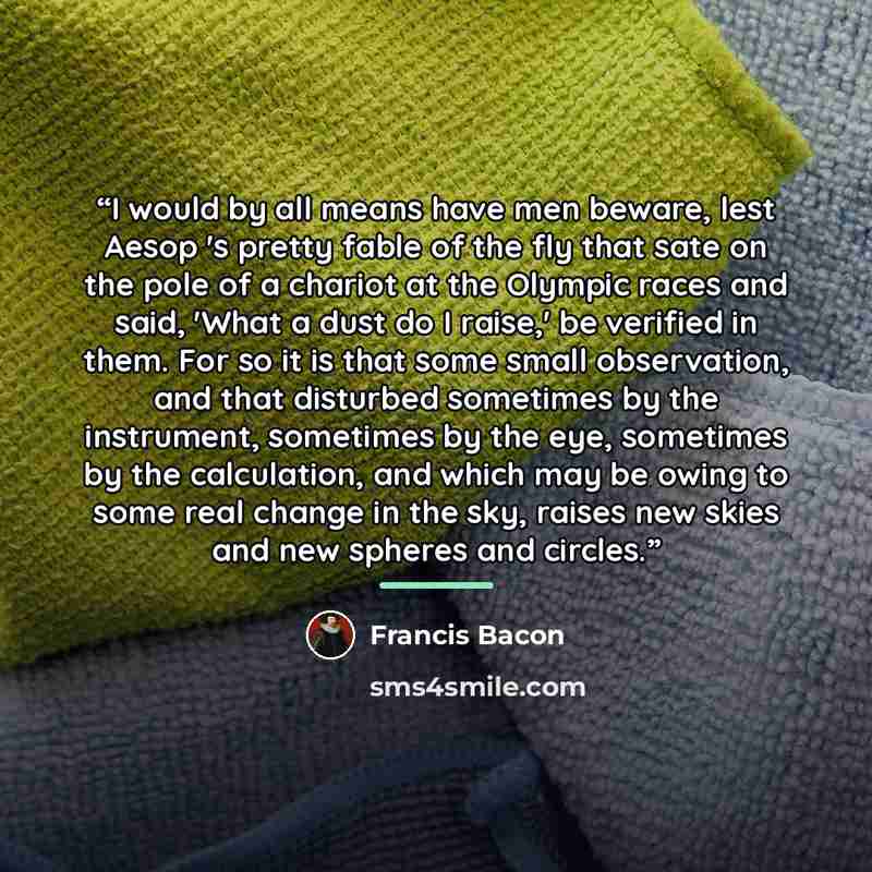 “I would by all means have men beware, lest Aesop 's pretty fable of the fly that sate on the pole of a chariot at the Olympic races and said, 'What a dust do I raise,' be verified in them. For so it is that some small observation, and that disturbed sometimes by the instrument, sometimes by the…” quote by Francis Bacon