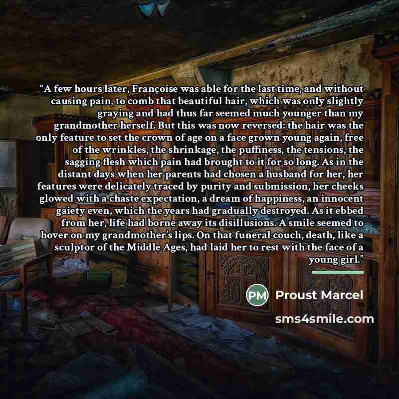 “A few hours later, Françoise was able for the last time, and without causing pain, to comb that beautiful hair, which was only slightly graying and had thus far seemed much younger than my grandmother herself. But this was now reversed: the hair was the only feature to set the crown of age on a…” quote by PROUST MARCEL