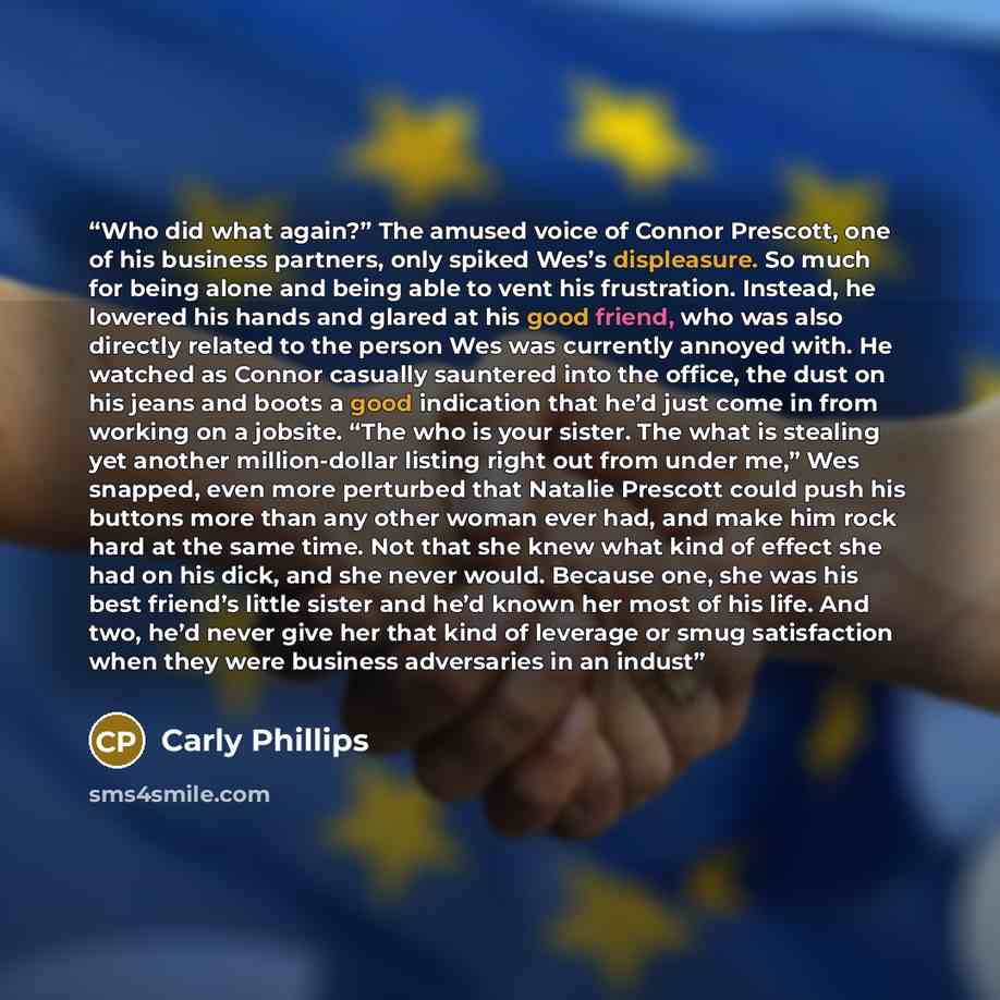 “Who did what again?” The amused voice of Connor Prescott, one of his business partners, only spiked Wes’s displeasure. So much for being alone and being able to vent his frustration. Instead, he lowered his hands and glared at his good friend, who was also directly related to the person Wes was…” quote by Carly Phillips