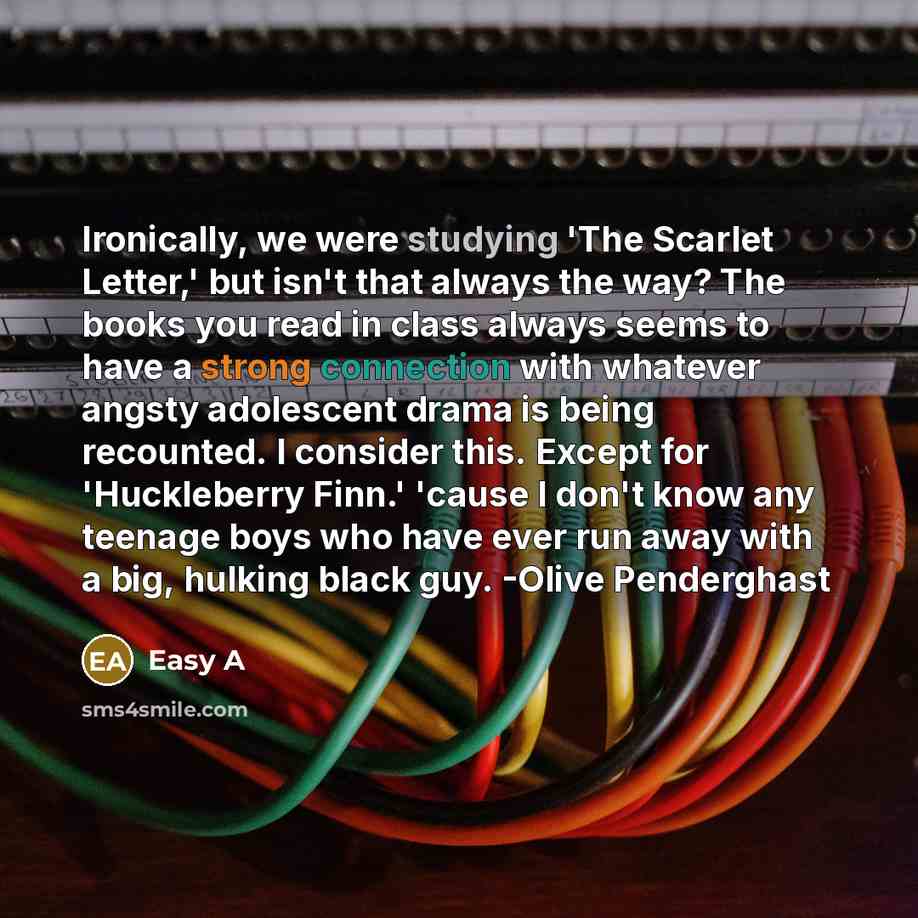 “Ironically, we were studying 'The Scarlet Letter,' but isn't that always the way? The books you read in class always seems to have a strong connection with whatever angsty adolescent drama is being recounted. I consider this. Except for 'Huckleberry Finn.' 'cause I don't know any teenage boys who…” quote by Easy A