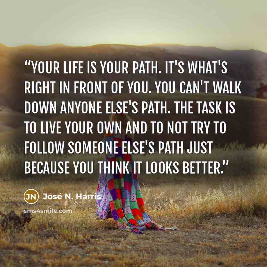 “Your life is your path. It's what's right in front of you. You can't walk down anyone else's path. The task is to live your own and to not try to follow someone else's path just because you think it looks better.” quote by José N. Harris
