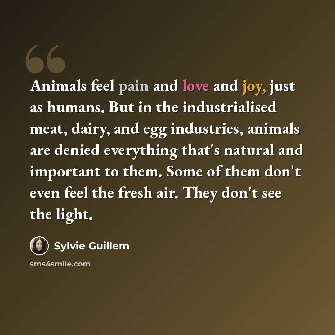 “Animals feel pain and love and joy, just as humans. But in the industrialised meat, dairy, and egg industries, animals are denied everything that's natural and important to them. Some of them don't even feel the fresh air. They don't see the light.” quote by Sylvie Guillem