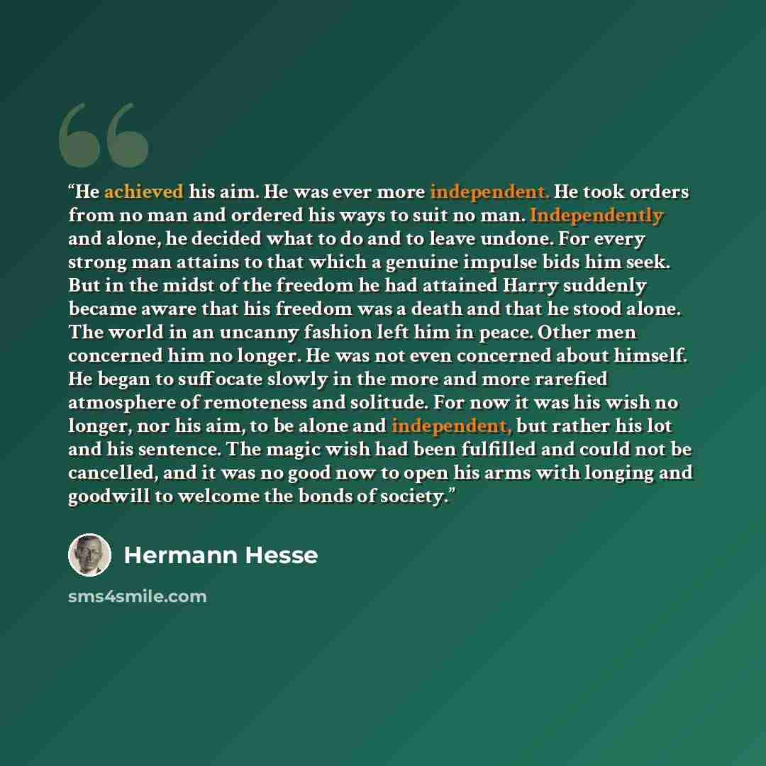 “He achieved his aim. He was ever more independent. He took orders from no man and ordered his ways to suit no man. Independently and alone, he decided what to do and to leave undone. For every strong man attains to that which a genuine impulse bids him seek. But in the midst of the freedom he had…” quote by Hermann Hesse
