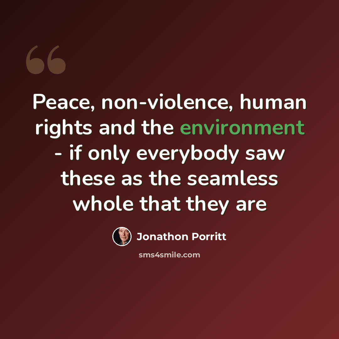 “Peace, non-violence, human rights and the environment - if only everybody saw these as the seamless whole that they are” quote by Jonathon Porritt