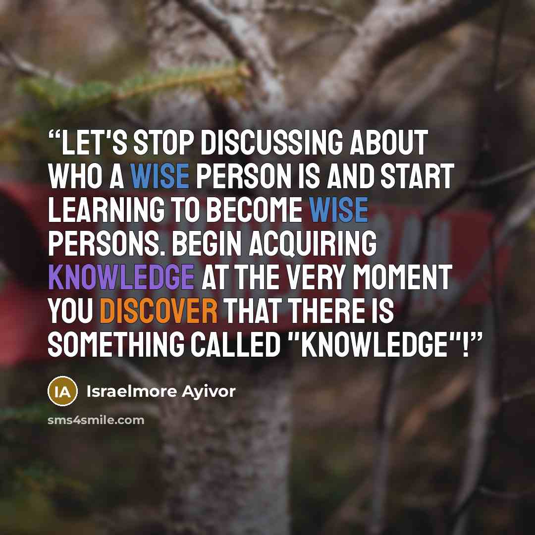 “Let's stop discussing about who a wise person is and start learning to become wise persons. Begin acquiring knowledge at the very moment you discover that there is something called "knowledge"!” quote by Israelmore Ayivor