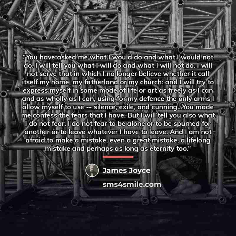 “You have asked me what I would do and what I would not do. I will tell you what I will do and what I will not do. I will not serve that in which I no longer believe whether it call itself my home, my fatherland or my church: and I will try to express myself in some mode of life or art as freely as…” quote by James Joyce