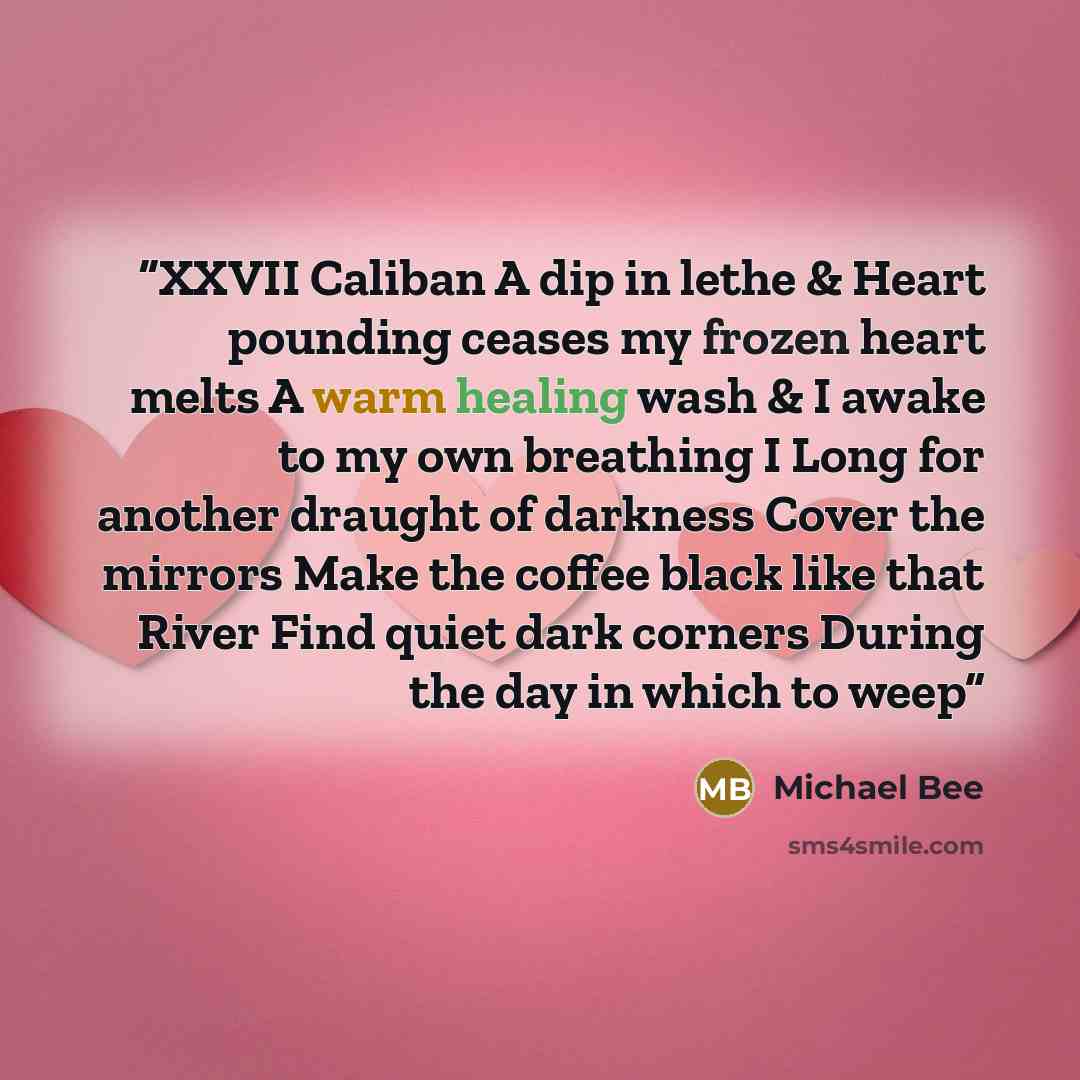 “XXVII Caliban A dip in lethe & Heart pounding ceases my frozen heart melts A warm healing wash & I awake to my own breathing I Long for another draught of darkness Cover the mirrors Make the coffee black like that River Find quiet dark corners During the day in which to weep” quote by Michael Bee