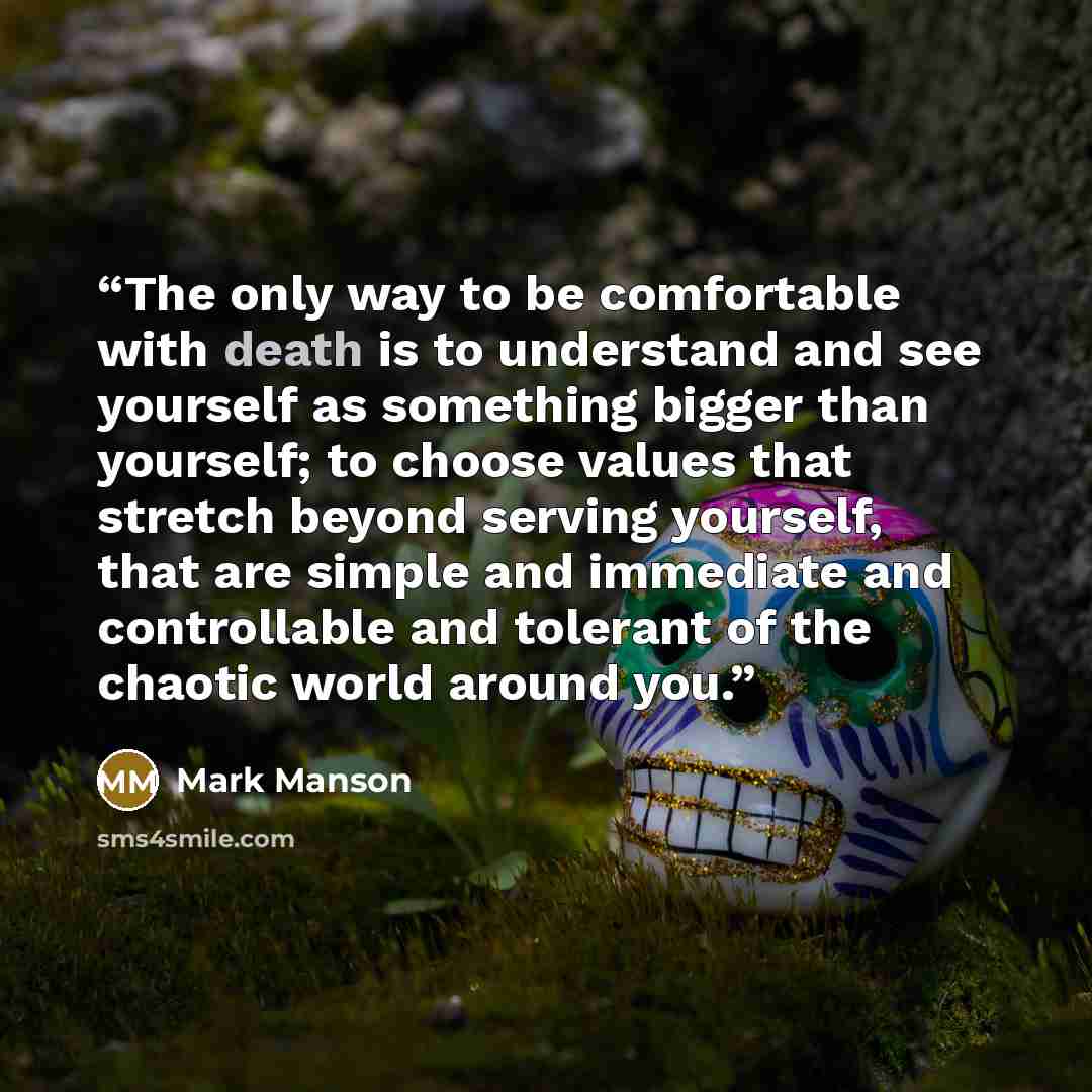 “The only way to be comfortable with death is to understand and see yourself as something bigger than yourself; to choose values that stretch beyond serving yourself, that are simple and immediate and controllable and tolerant of the chaotic world around you.” quote by Mark Manson