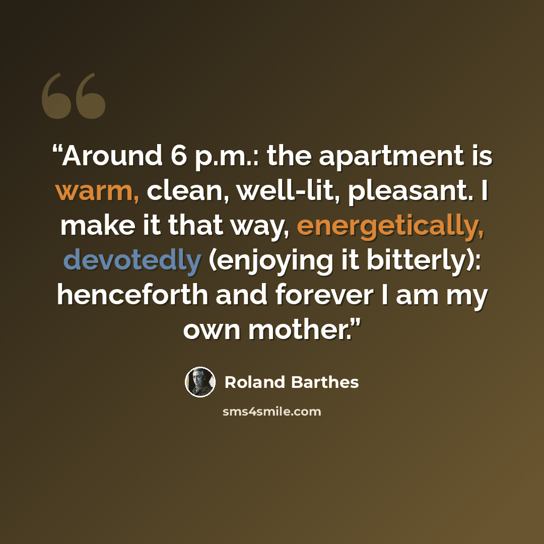 “Around 6 p.m.: the apartment is warm, clean, well-lit, pleasant. I make it that way, energetically, devotedly (enjoying it bitterly): henceforth and forever I am my own mother.” quote by Roland Barthes