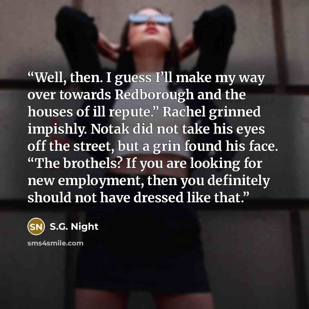 “Well, then. I guess I’ll make my way over towards Redborough and the houses of ill repute.” Rachel grinned impishly. Notak did not take his eyes off the street, but a grin found his face. “The brothels? If you are looking for new employment, then you definitely should not have dressed like that.” quote by S.G. Night