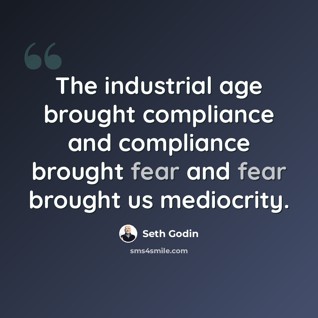 “The industrial age brought compliance and compliance brought fear and fear brought us mediocrity.” quote by Seth Godin