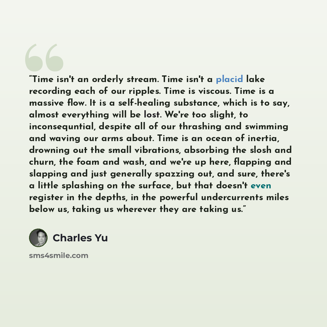 “Time isn't an orderly stream. Time isn't a placid lake recording each of our ripples. Time is viscous. Time is a massive flow. It is a self-healing substance, which is to say, almost everything will be lost. We're too slight, to inconsequntial, despite all of our thrashing and swimming and waving…” quote by Charles Yu
