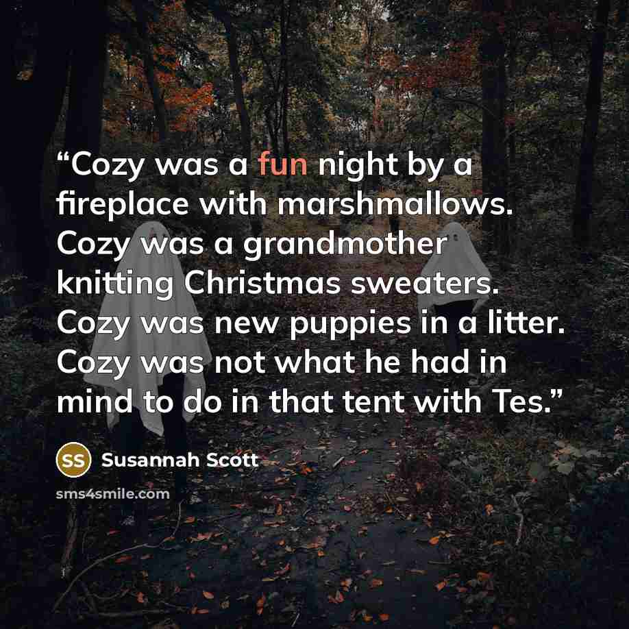 “Cozy was a fun night by a fireplace with marshmallows. Cozy was a grandmother knitting Christmas sweaters. Cozy was new puppies in a litter. Cozy was not what he had in mind to do in that tent with Tes.” quote by Susannah Scott