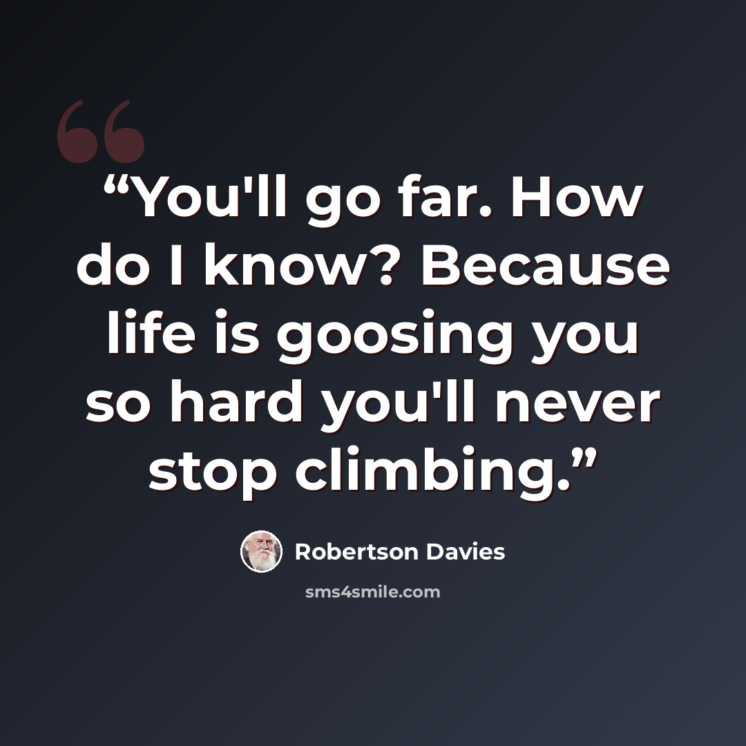 “You'll go far. How do I know? Because life is goosing you so hard you'll never stop climbing.” quote by Robertson Davies