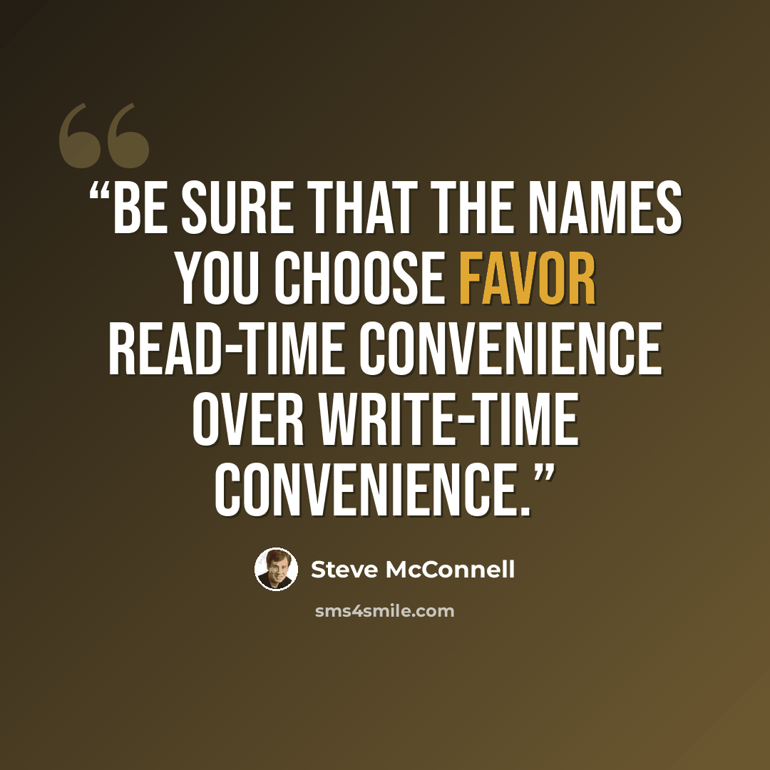 “Be sure that the names you choose favor read-time convenience over write-time convenience.” quote by Steve McConnell