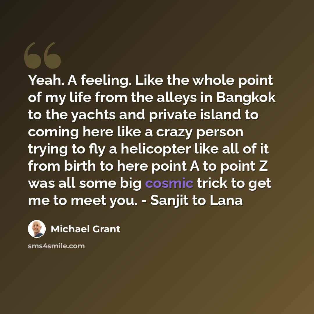 “Yeah. A feeling. Like the whole point of my life from the alleys in Bangkok to the yachts and private island to coming here like a crazy person trying to fly a helicopter like all of it from birth to here point A to point Z was all some big cosmic trick to get me to meet you. - Sanjit to Lana” quote by Michael Grant