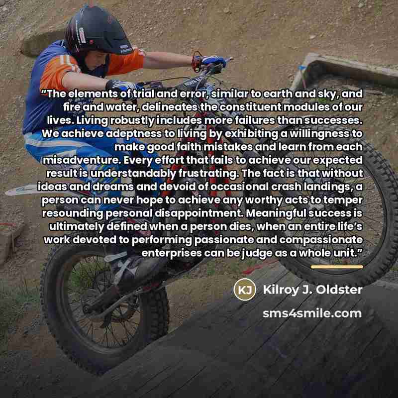 “The elements of trial and error, similar to earth and sky, and fire and water, delineates the constituent modules of our lives. Living robustly includes more failures than successes. We achieve adeptness to living by exhibiting a willingness to make good faith mistakes and learn from each…” quote by Kilroy J. Oldster