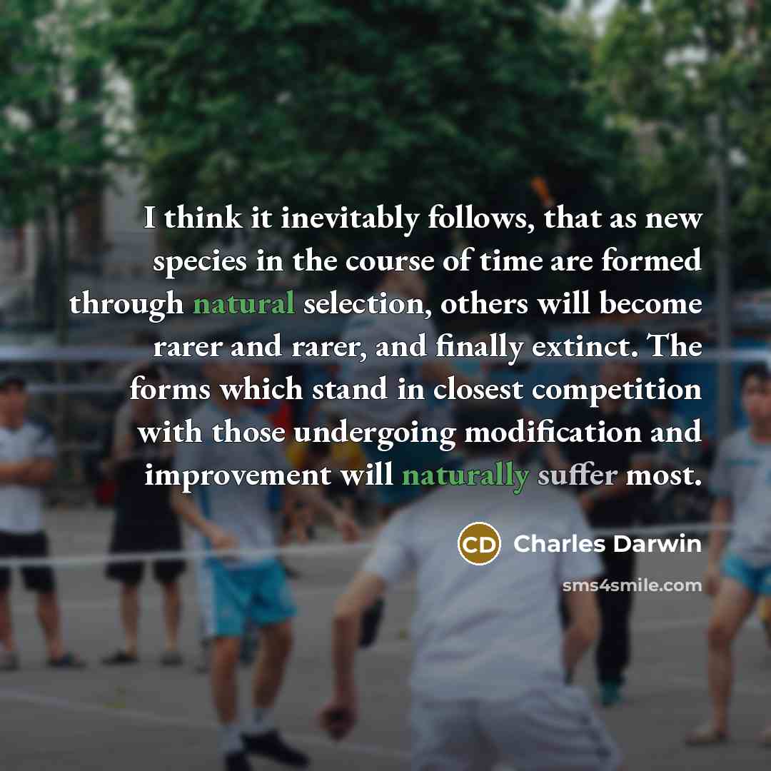 “I think it inevitably follows, that as new species in the course of time are formed through natural selection, others will become rarer and rarer, and finally extinct. The forms which stand in closest competition with those undergoing modification and improvement will naturally suffer most.” quote by Charles Darwin
