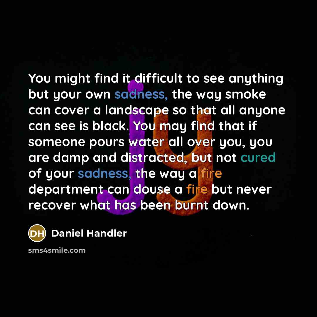 “You might find it difficult to see anything but your own sadness, the way smoke can cover a landscape so that all anyone can see is black. You may find that if someone pours water all over you, you are damp and distracted, but not cured of your sadness, the way a fire department can douse a fire…” quote by Daniel Handler