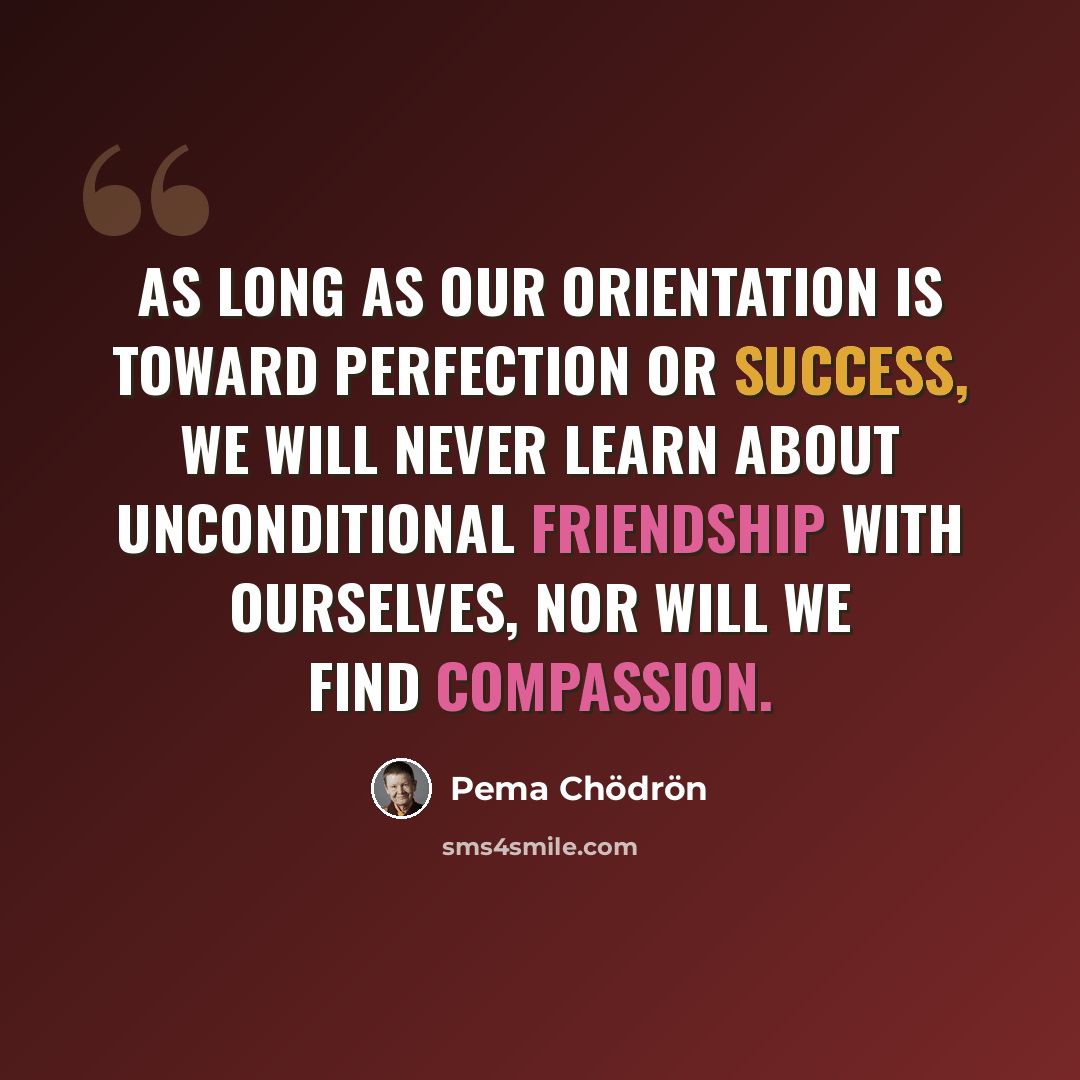 “As long as our orientation is toward perfection or success, we will never learn about unconditional friendship with ourselves, nor will we find compassion.” quote by Pema Chodron