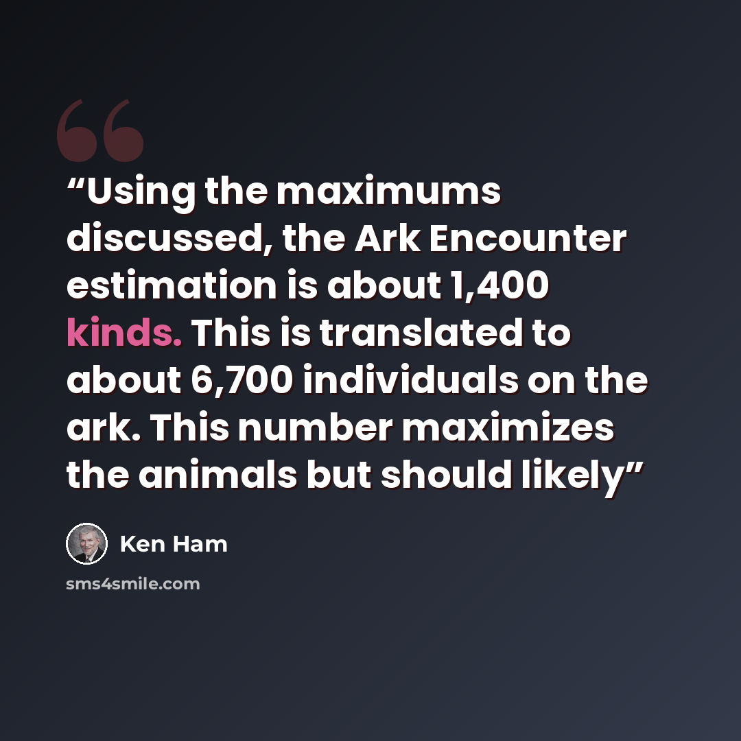 “Using the maximums discussed, the Ark Encounter estimation is about 1,400 kinds. This is translated to about 6,700 individuals on the ark. This number maximizes the animals but should likely” quote by Ken Ham