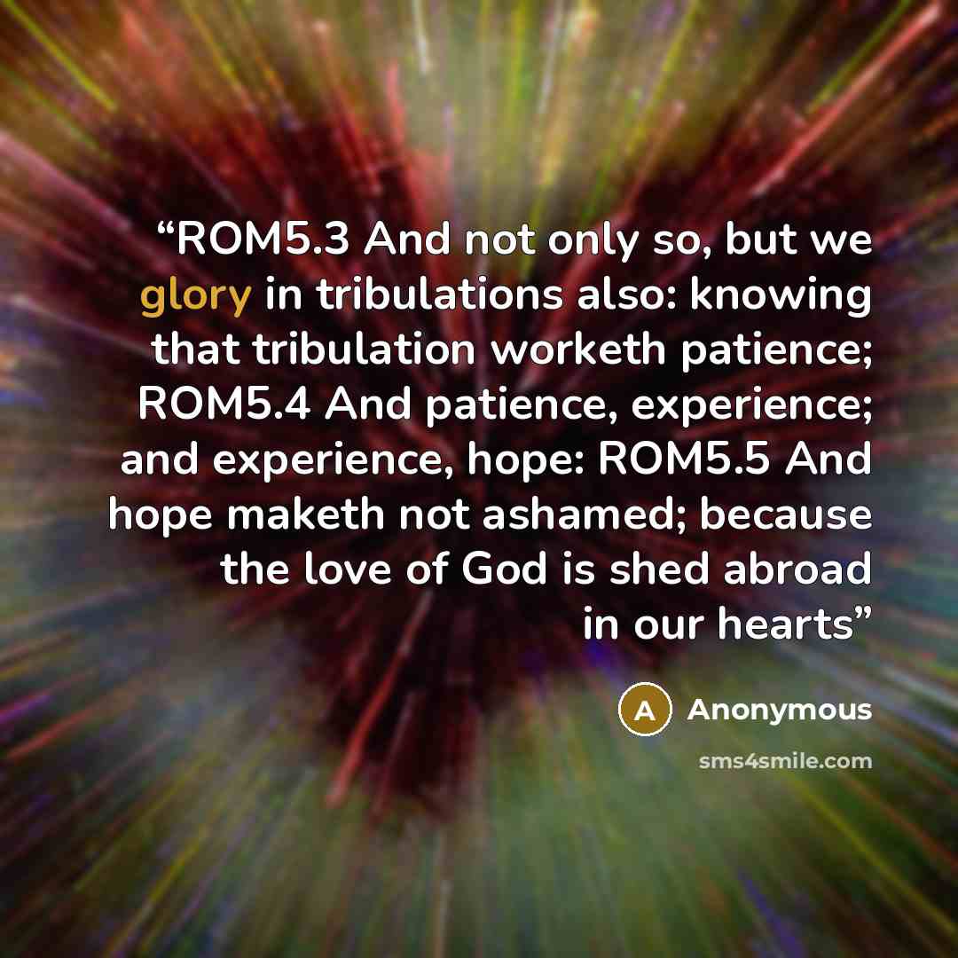 “ROM5.3 And not only so, but we glory in tribulations also: knowing that tribulation worketh patience; ROM5.4 And patience, experience; and experience, hope: ROM5.5 And hope maketh not ashamed; because the love of God is shed abroad in our hearts” quote by Anonymous