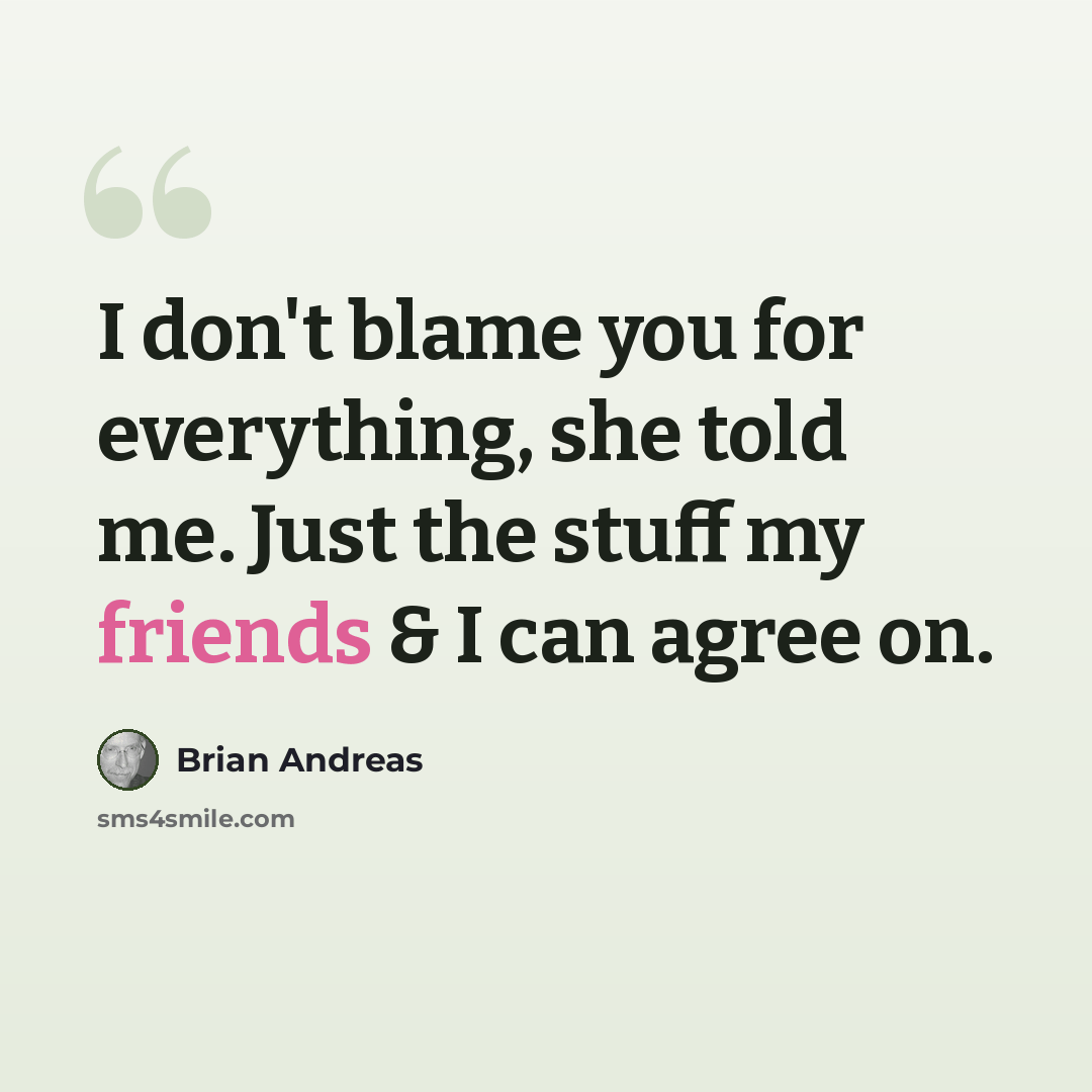 “I don't blame you for everything, she told me. Just the stuff my friends & I can agree on.” quote by Brian Andreas