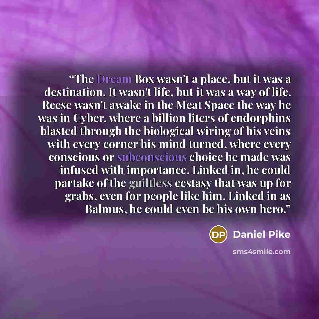 “The Dream Box wasn't a place, but it was a destination. It wasn't life, but it was a way of life. Reese wasn't awake in the Meat Space the way he was in Cyber, where a billion liters of endorphins blasted through the biological wiring of his veins with every corner his mind turned, where every…” quote by Daniel Pike