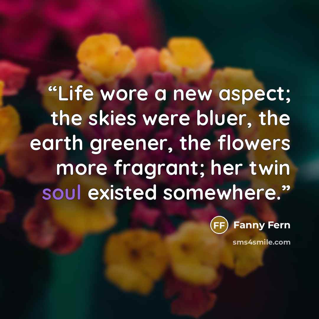 “Life wore a new aspect; the skies were bluer, the earth greener, the flowers more fragrant; her twin soul existed somewhere.” quote by Fanny Fern