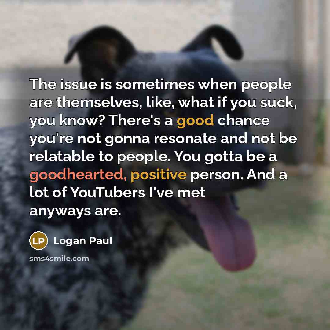 “The issue is sometimes when people are themselves, like, what if you suck, you know? There's a good chance you're not gonna resonate and not be relatable to people. You gotta be a goodhearted, positive person. And a lot of YouTubers I've met anyways are.” quote by Logan Paul