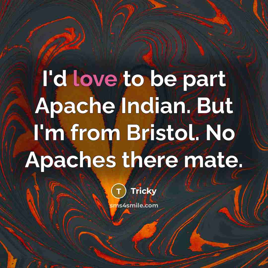 “I'd love to be part Apache Indian. But I'm from Bristol. No Apaches there mate.” quote by Tricky