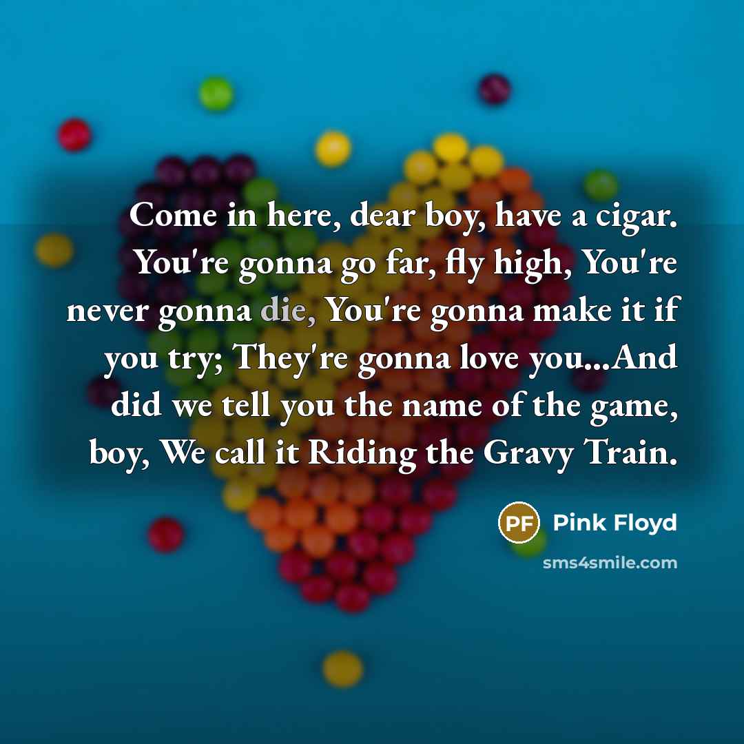 “Come in here, dear boy, have a cigar. You're gonna go far, fly high, You're never gonna die, You're gonna make it if you try; They're gonna love you...And did we tell you the name of the game, boy, We call it Riding the Gravy Train.” quote by Pink Floyd