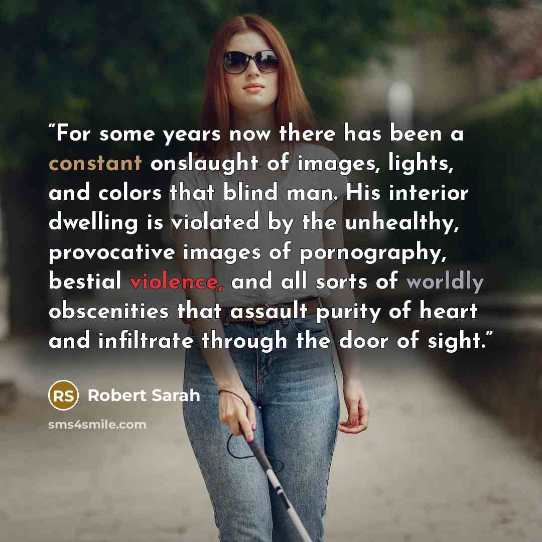 “For some years now there has been a constant onslaught of images, lights, and colors that blind man. His interior dwelling is violated by the unhealthy, provocative images of pornography, bestial violence, and all sorts of worldly obscenities that assault purity of heart and infiltrate through the…” quote by Robert Sarah