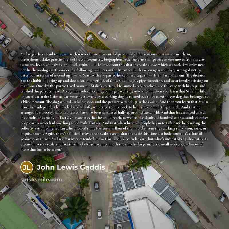 “. . .biographers tend to regard as character those elements of personality that remain constant, or nearly so, throughout. . .Like practitioners of fractal geometry, biographers seek patterns that persist as one moves from micro- to macro-levels of analysis, and back again. . . . It follows from…” quote by John Lewis Gaddis