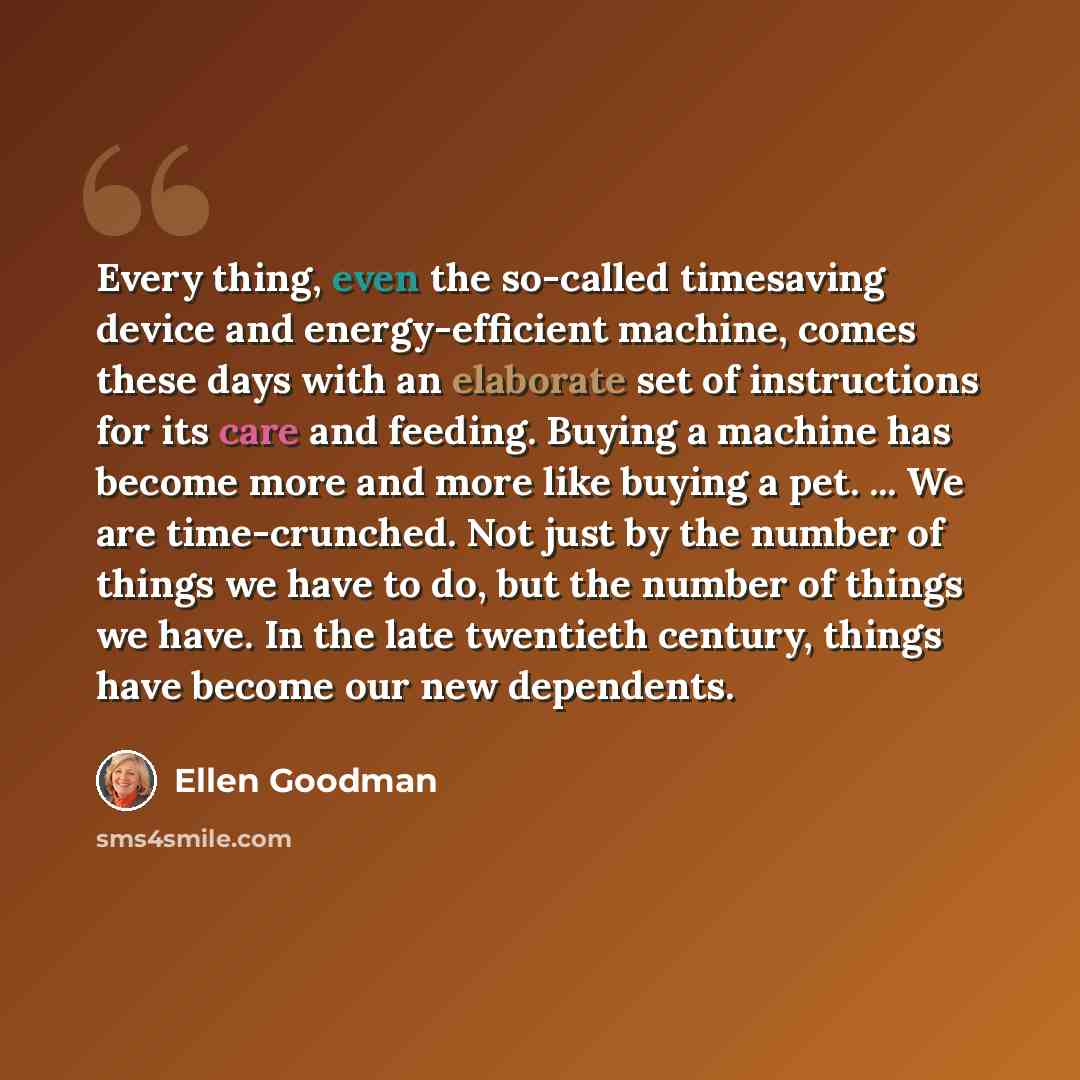 “Every thing, even the so-called timesaving device and energy-efficient machine, comes these days with an elaborate set of instructions for its care and feeding. Buying a machine has become more and more like buying a pet. ... We are time-crunched. Not just by the number of things we have to do…” quote by Ellen Goodman
