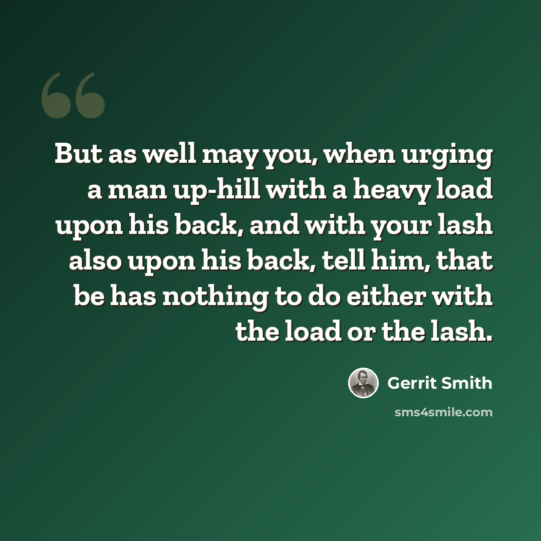 “But as well may you, when urging a man up-hill with a heavy load upon his back, and with your lash also upon his back, tell him, that be has nothing to do either with the load or the lash.” quote by Gerrit Smith