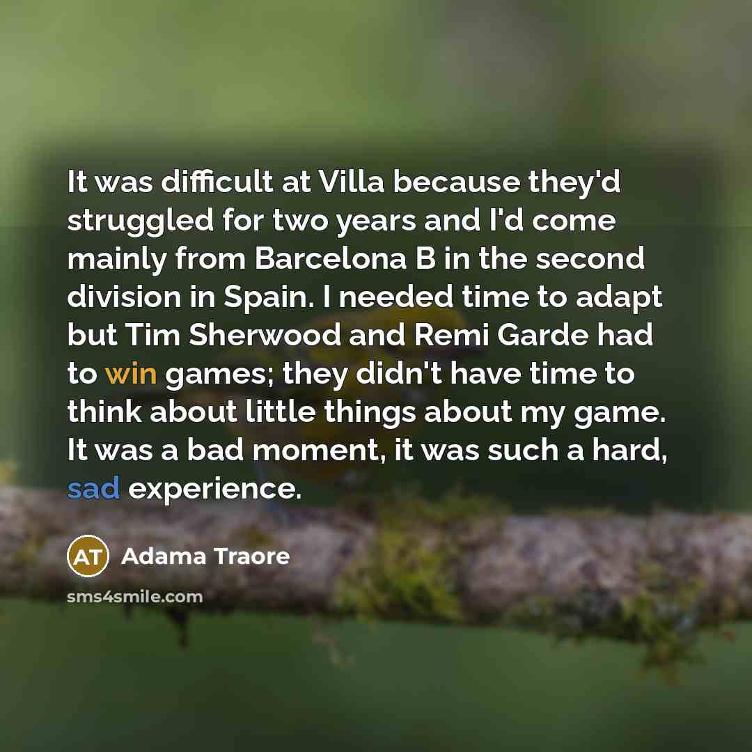 “It was difficult at Villa because they'd struggled for two years and I'd come mainly from Barcelona B in the second division in Spain. I needed time to adapt but Tim Sherwood and Remi Garde had to win games; they didn't have time to think about little things about my game. It was a bad moment, it…” quote by Adama Traore