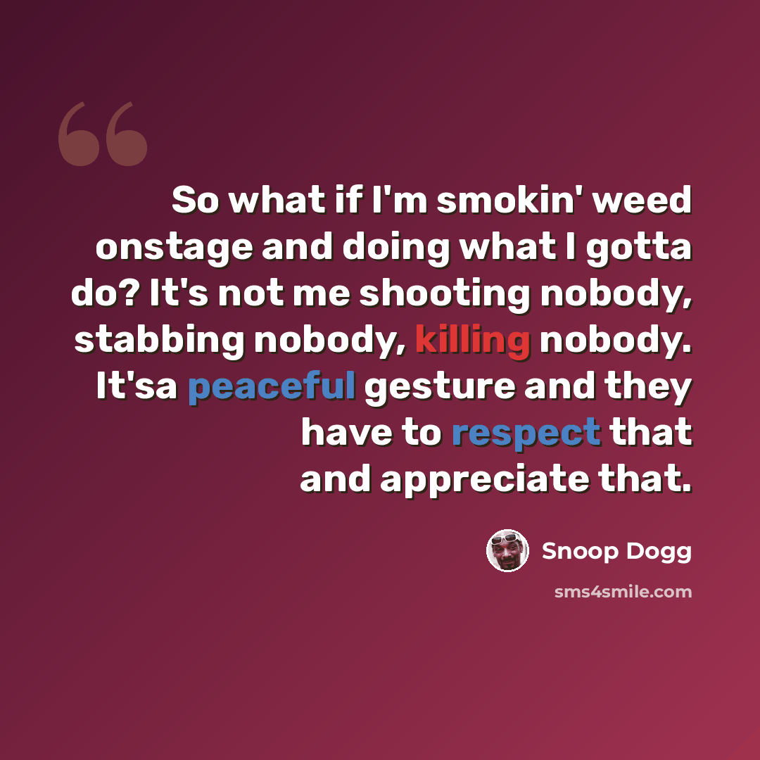 “So what if I'm smokin' weed onstage and doing what I gotta do? It's not me shooting nobody, stabbing nobody, killing nobody. It'sa peaceful gesture and they have to respect that and appreciate that.” quote by Snoop Dogg