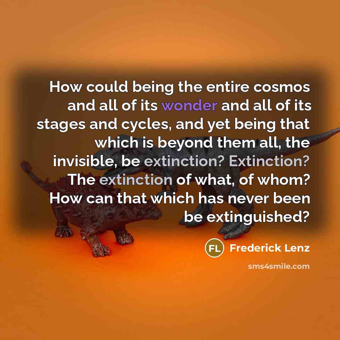 “How could being the entire cosmos and all of its wonder and all of its stages and cycles, and yet being that which is beyond them all, the invisible, be extinction? Extinction? The extinction of what, of whom? How can that which has never been be extinguished?” quote by Frederick Lenz