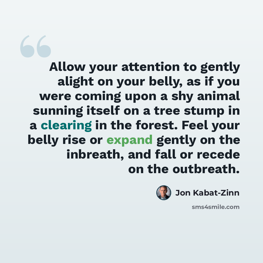 “Allow your attention to gently alight on your belly, as if you were coming upon a shy animal sunning itself on a tree stump in a clearing in the forest. Feel your belly rise or expand gently on the inbreath, and fall or recede on the outbreath.” quote by Jon Kabat-Zinn