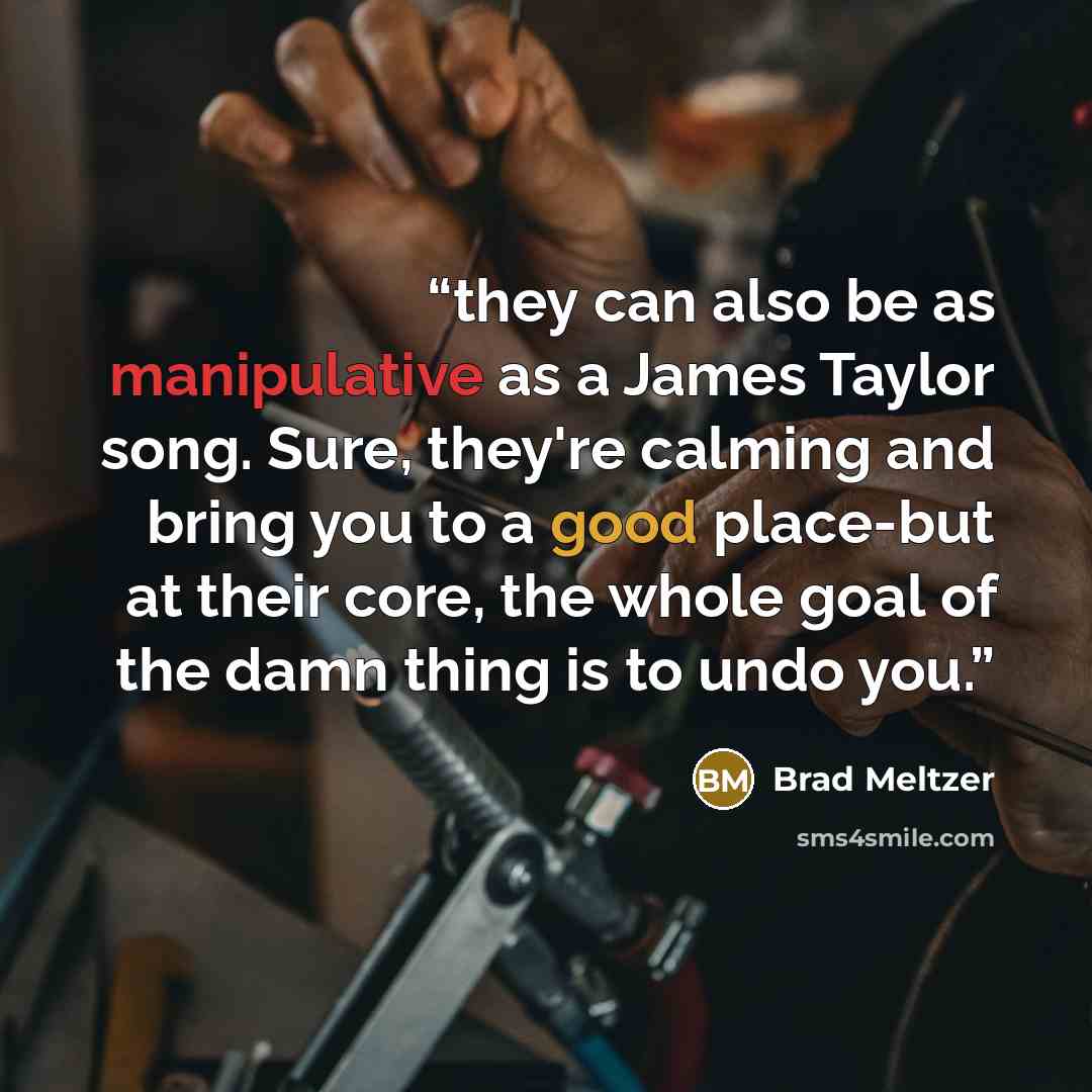 “they can also be as manipulative as a James Taylor song. Sure, they're calming and bring you to a good place-but at their core, the whole goal of the damn thing is to undo you.” quote by Brad Meltzer