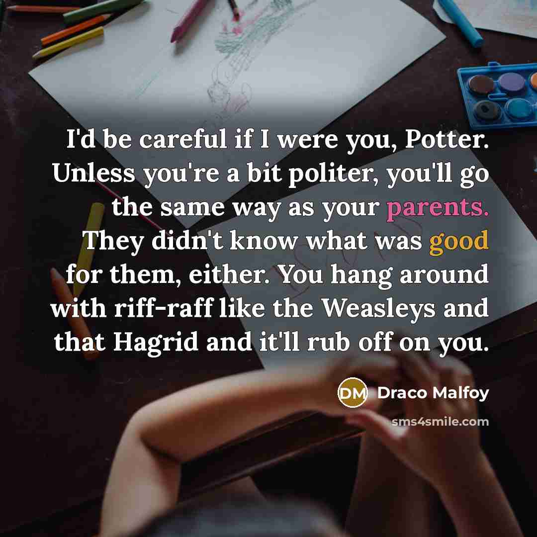 “I'd be careful if I were you, Potter. Unless you're a bit politer, you'll go the same way as your parents. They didn't know what was good for them, either. You hang around with riff-raff like the Weasleys and that Hagrid and it'll rub off on you.” quote by Draco Malfoy