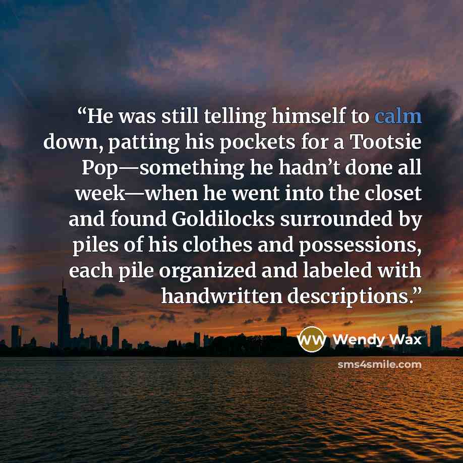 “He was still telling himself to calm down, patting his pockets for a Tootsie Pop—something he hadn’t done all week—when he went into the closet and found Goldilocks surrounded by piles of his clothes and possessions, each pile organized and labeled with handwritten descriptions.” quote by Wendy Wax