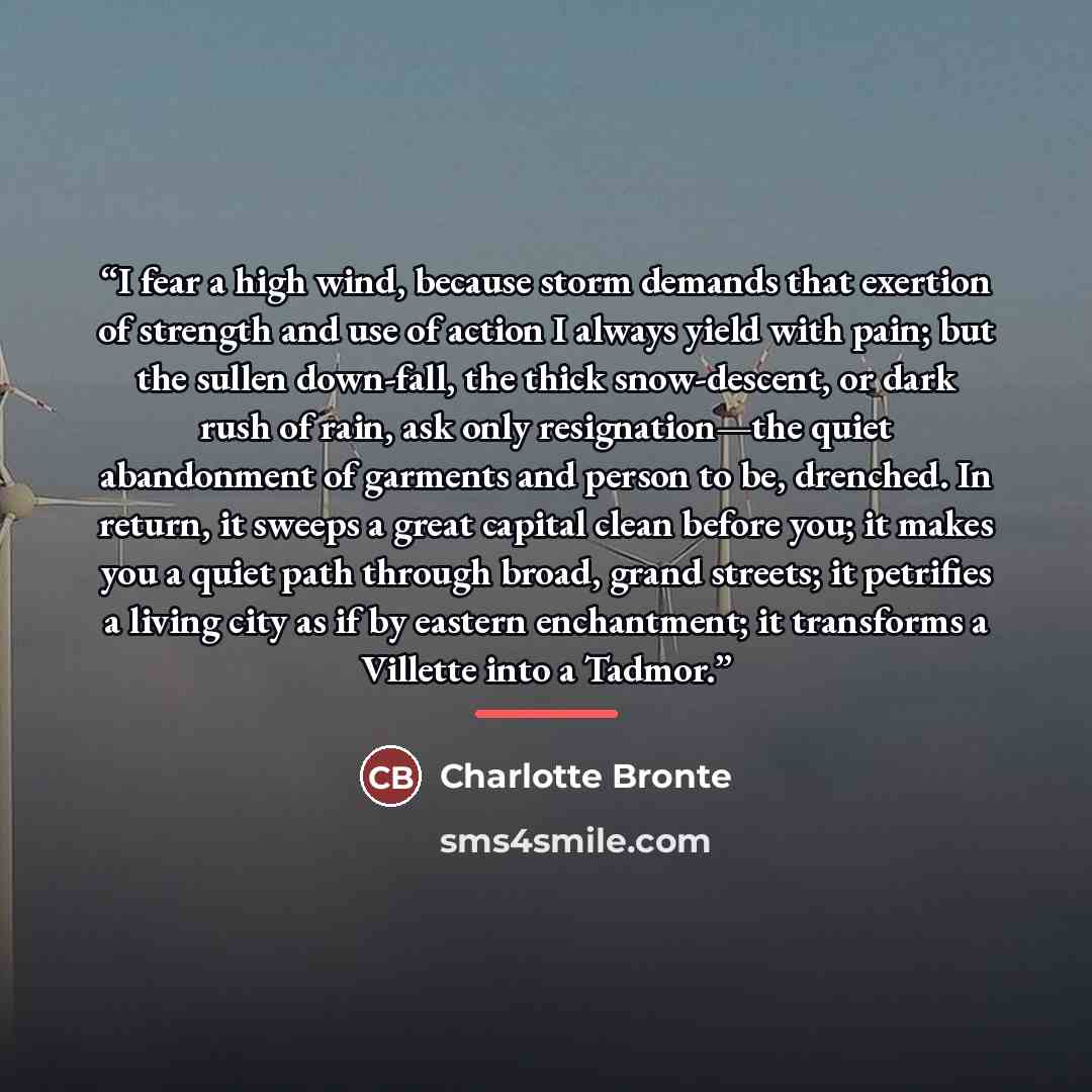 “I fear a high wind, because storm demands that exertion of strength and use of action I always yield with pain; but the sullen down-fall, the thick snow-descent, or dark rush of rain, ask only resignation—the quiet abandonment of garments and person to be, drenched. In return, it sweeps a great…” quote by Charlotte Brontë