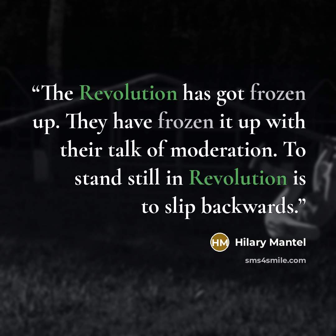 “The Revolution has got frozen up. They have frozen it up with their talk of moderation. To stand still in Revolution is to slip backwards.” quote by Hilary Mantel