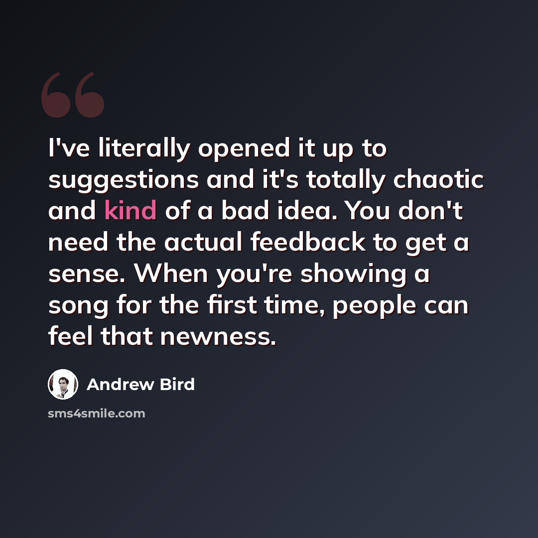 “I've literally opened it up to suggestions and it's totally chaotic and kind of a bad idea. You don't need the actual feedback to get a sense. When you're showing a song for the first time, people can feel that newness.” quote by Andrew Bird