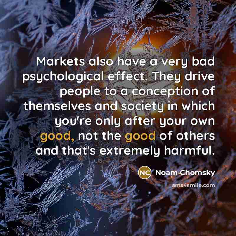 “Markets also have a very bad psychological effect. They drive people to a conception of themselves and society in which you're only after your own good, not the good of others and that's extremely harmful.” quote by Noam Chomsky