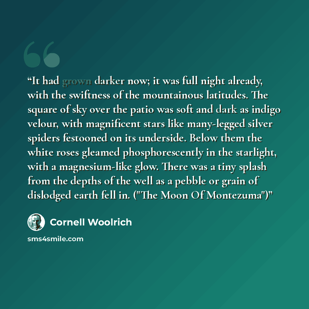 “It had grown darker now; it was full night already, with the swiftness of the mountainous latitudes. The square of sky over the patio was soft and dark as indigo velour, with magnificent stars like many-legged silver spiders festooned on its underside. Below them the white roses gleamed…” quote by Cornell Woolrich