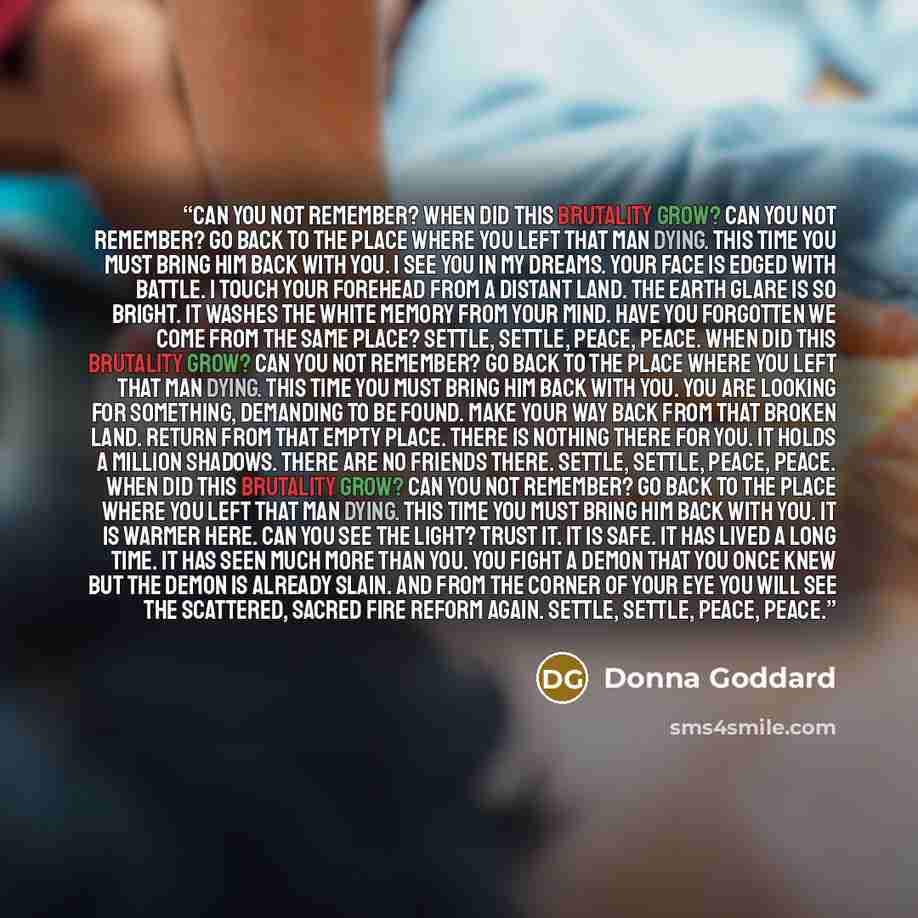 “CAN YOU NOT REMEMBER? When did this brutality grow? Can you not remember? Go back to the place where you left that man dying. This time you must bring him back with you. I see you in my dreams. Your face is edged with battle. I touch your forehead from a distant land. The Earth glare is so bright…” quote by Donna Goddard
